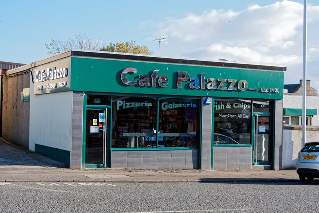 Cafe Palazzo in Ardrossan — cafe and chippy shopfronts.
