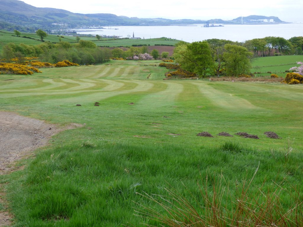 The fairway at Routenburn Golf Club in Largs, looking down to the town and the Firth of Clyde.